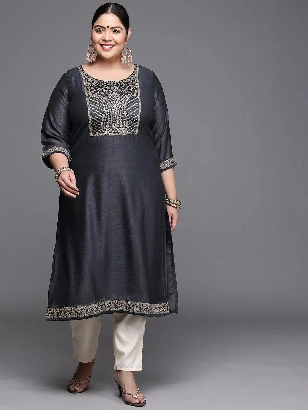 Plus Size Navy Blue Yoke Design Silk Kurta - Libas