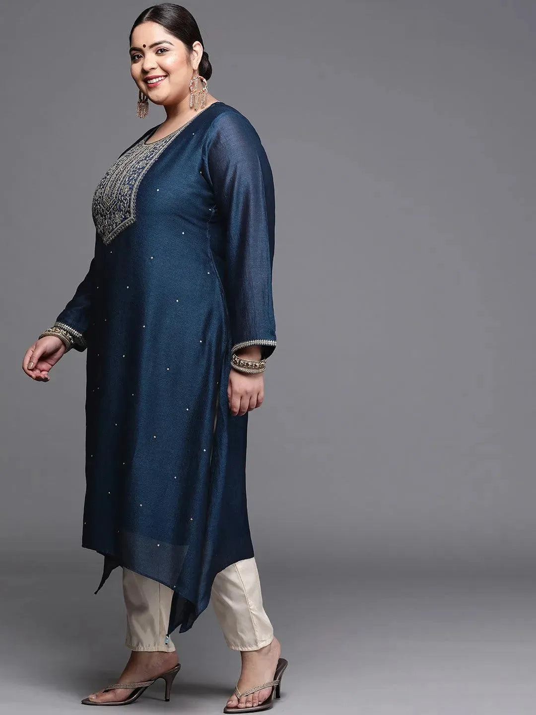 Plus Size Navy Blue Yoke Design Silk Kurta - Libas 