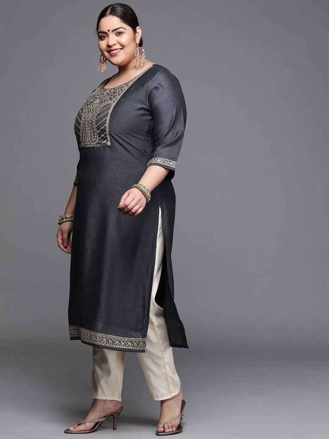 Plus Size Navy Blue Yoke Design Silk Kurta - Libas