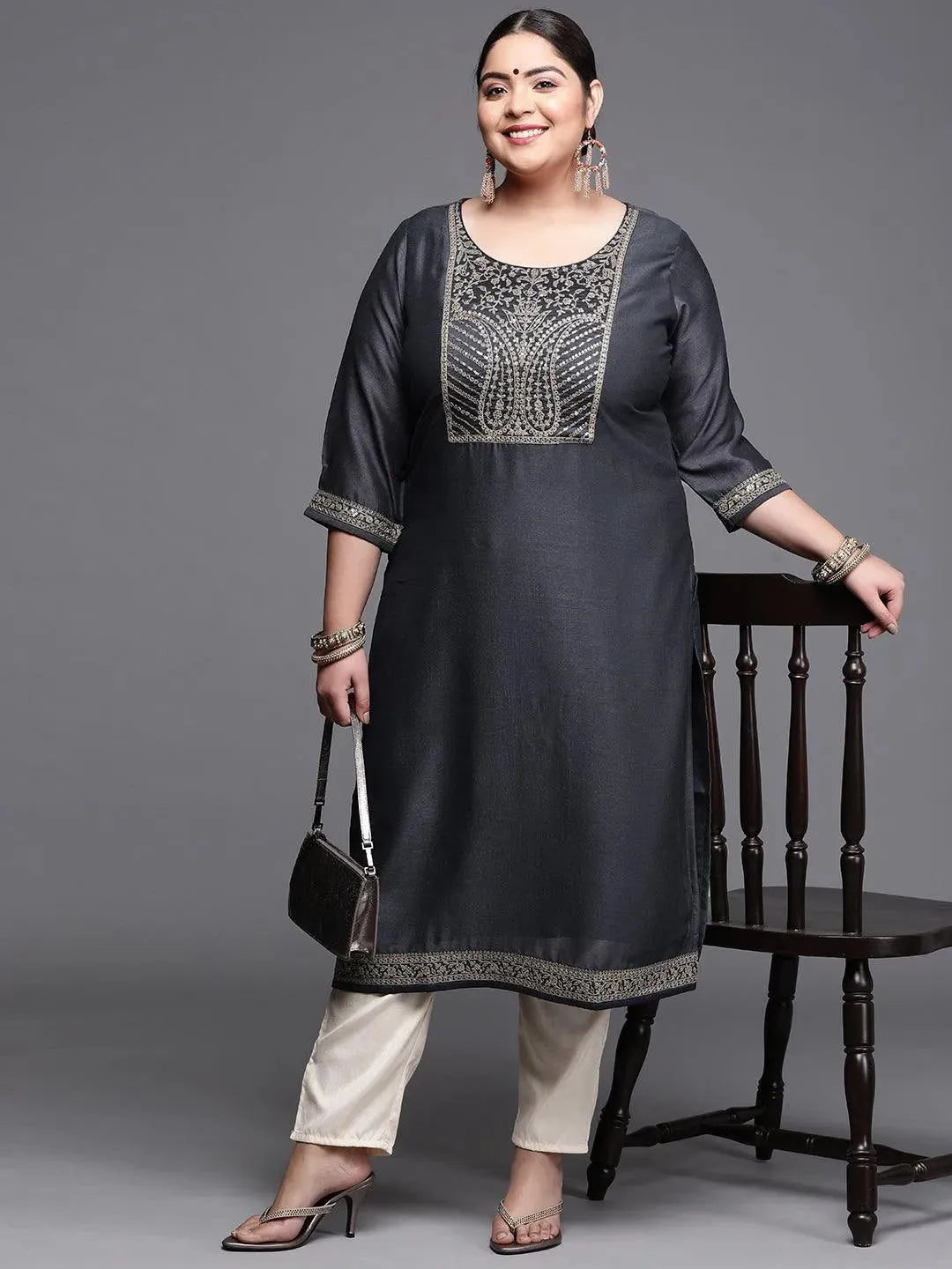 Plus Size Navy Blue Yoke Design Silk Kurta - Libas