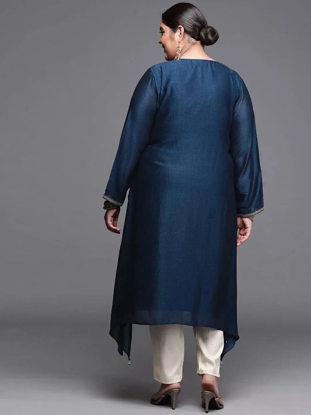 

Plus Size Navy Blue Yoke Design Silk Kurta