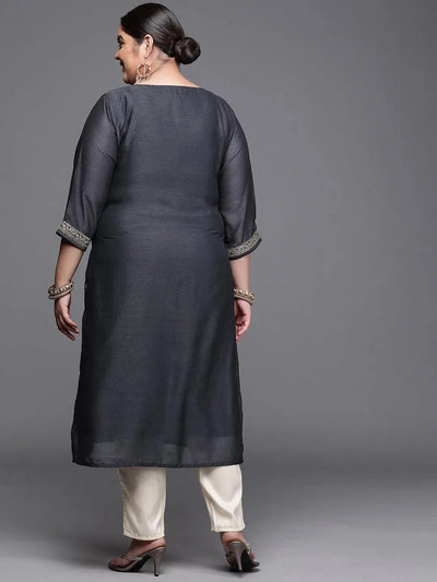 Plus Size Navy Blue Yoke Design Silk Kurta - Libas