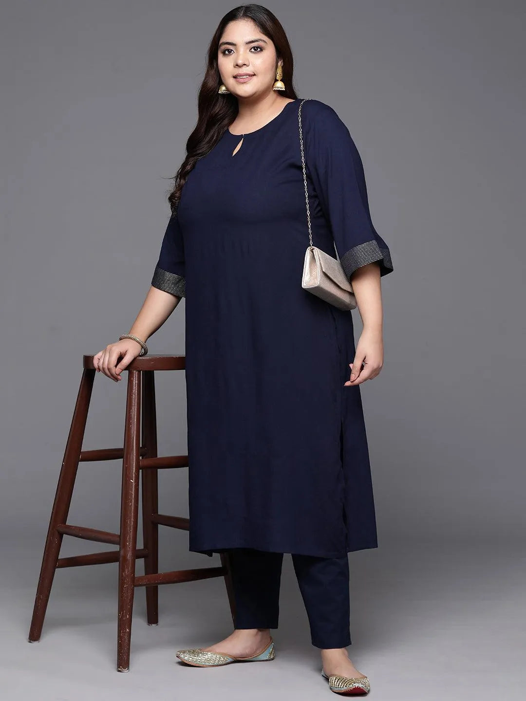 Plus Size Navy Solid Rayon Straight Kurta - Libas