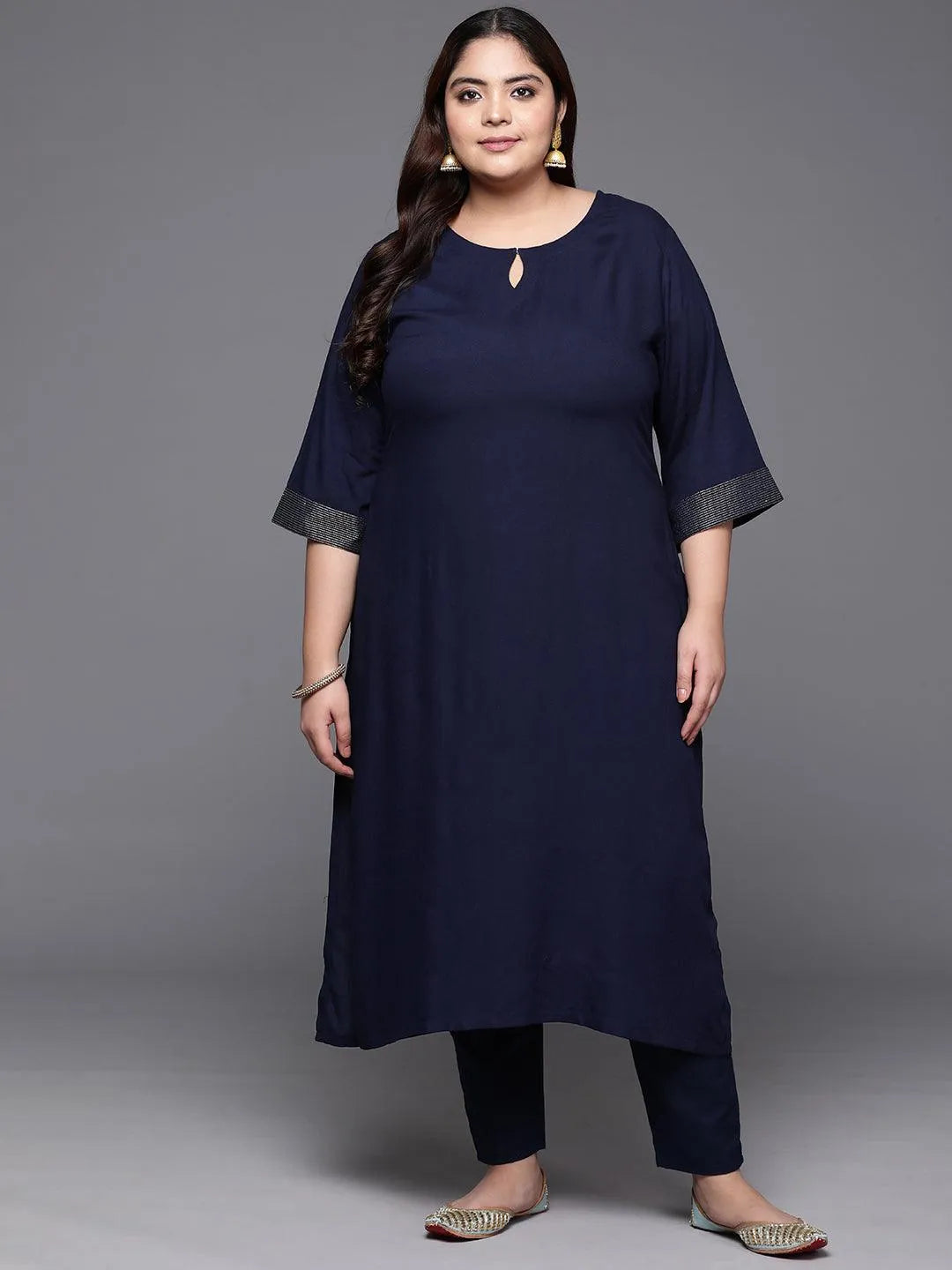 Plus Size Navy Solid Rayon Straight Kurta - Libas