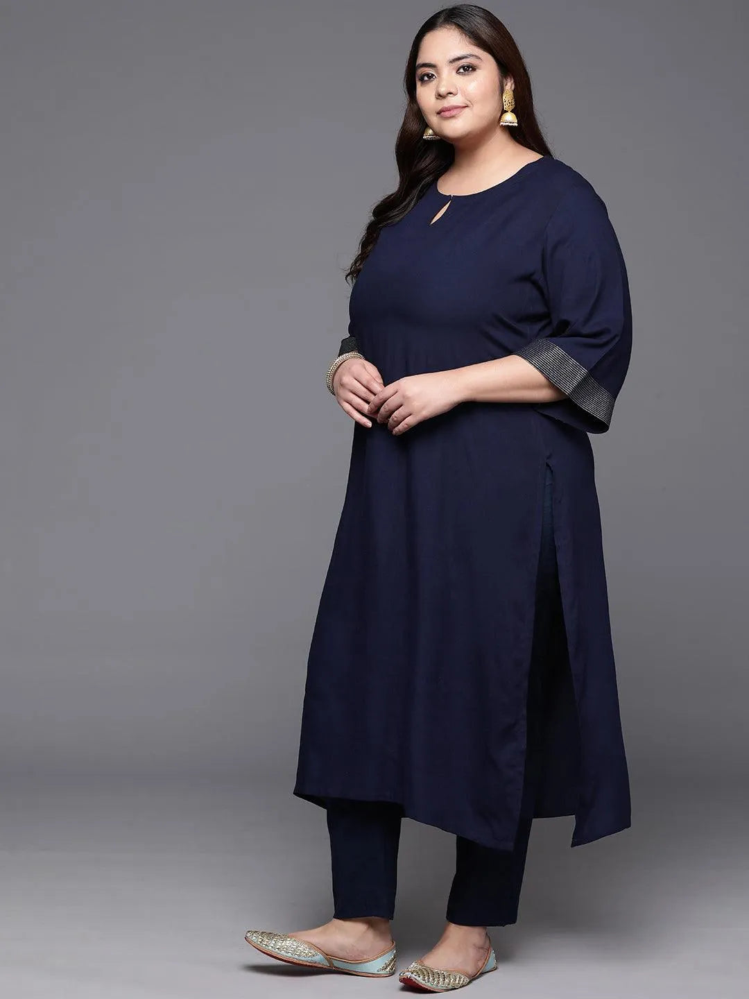 Plus Size Navy Solid Rayon Straight Kurta - Libas