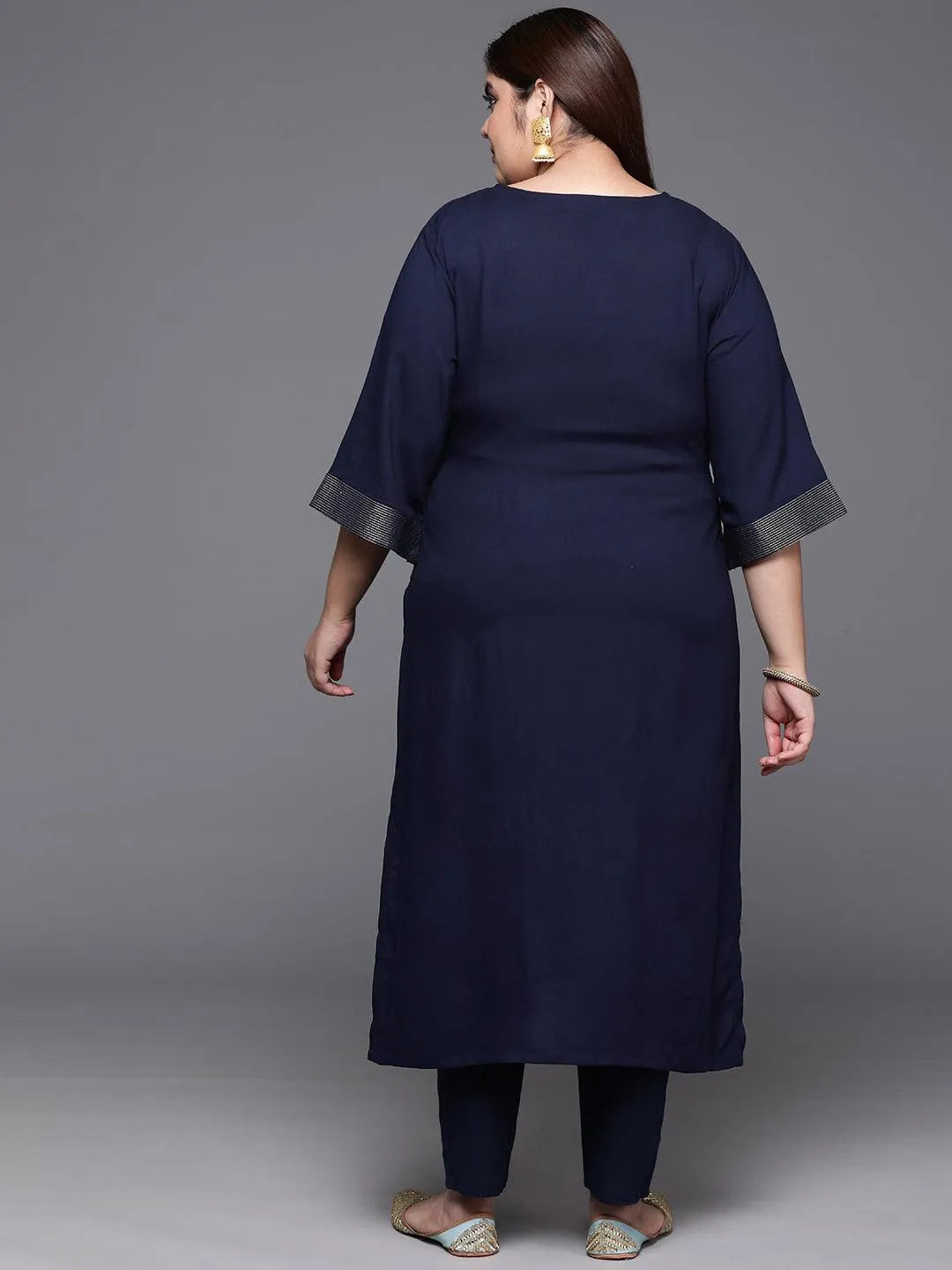 Plus Size Navy Solid Rayon Straight Kurta - Libas