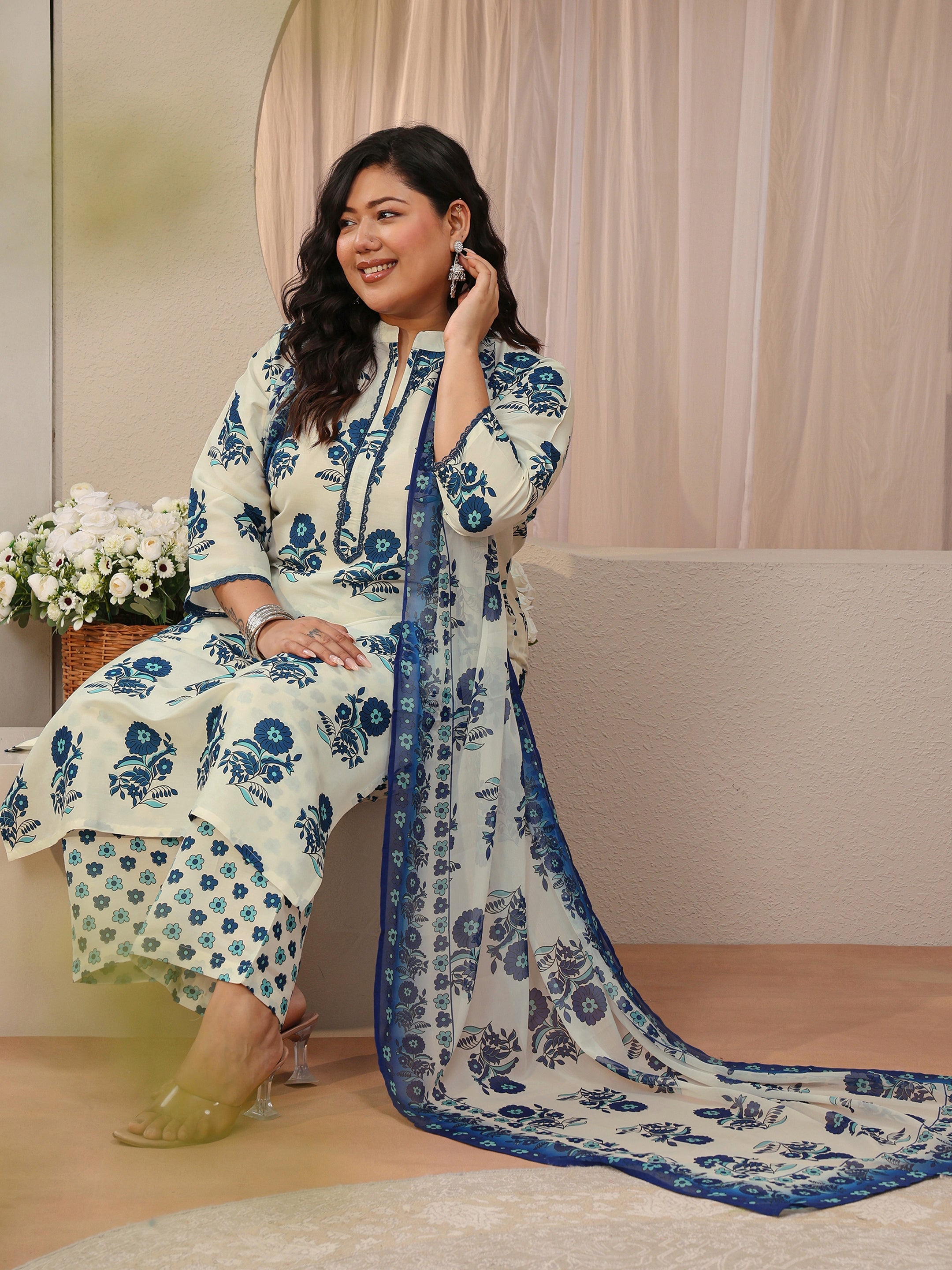 libas Plus Size Off White Floral Printed Cotton Blend Straight Suit Set-picture-18
