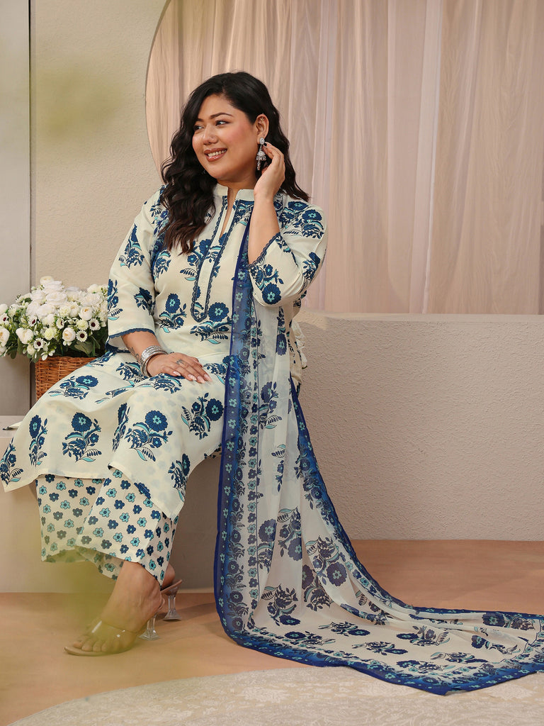 Plus Size Off White Floral Printed Cotton Blend Straight Suit Set
