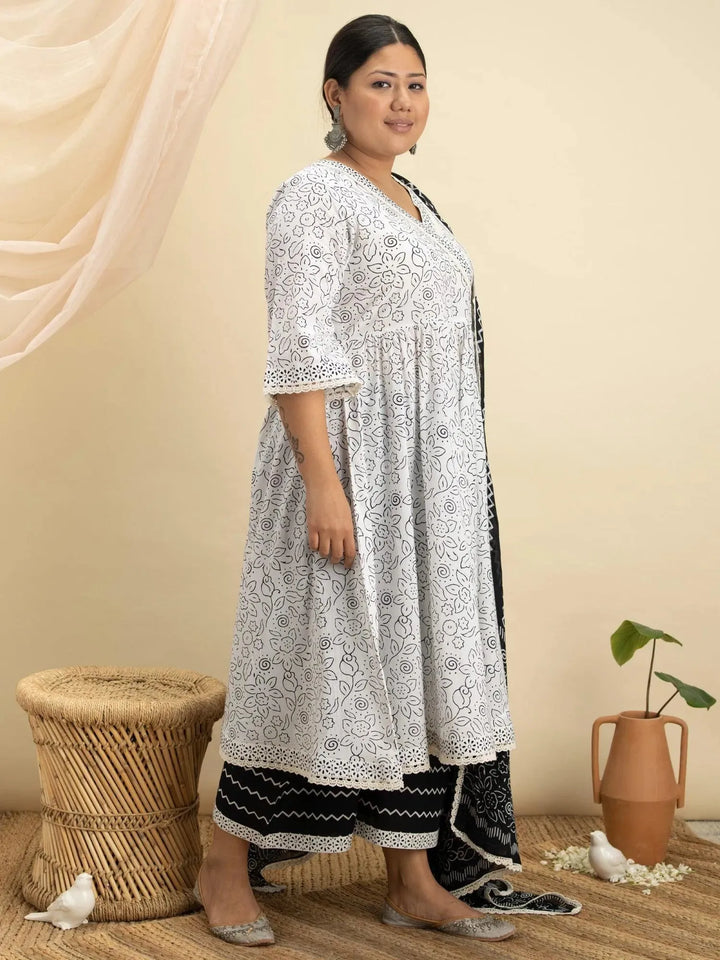 Plus Size White Printed Cotton Suit Set - Libas