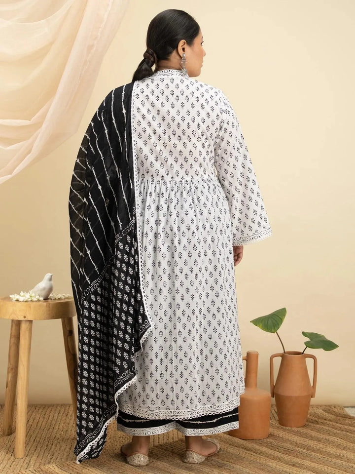 Plus Size White Printed Cotton Suit Set - Libas