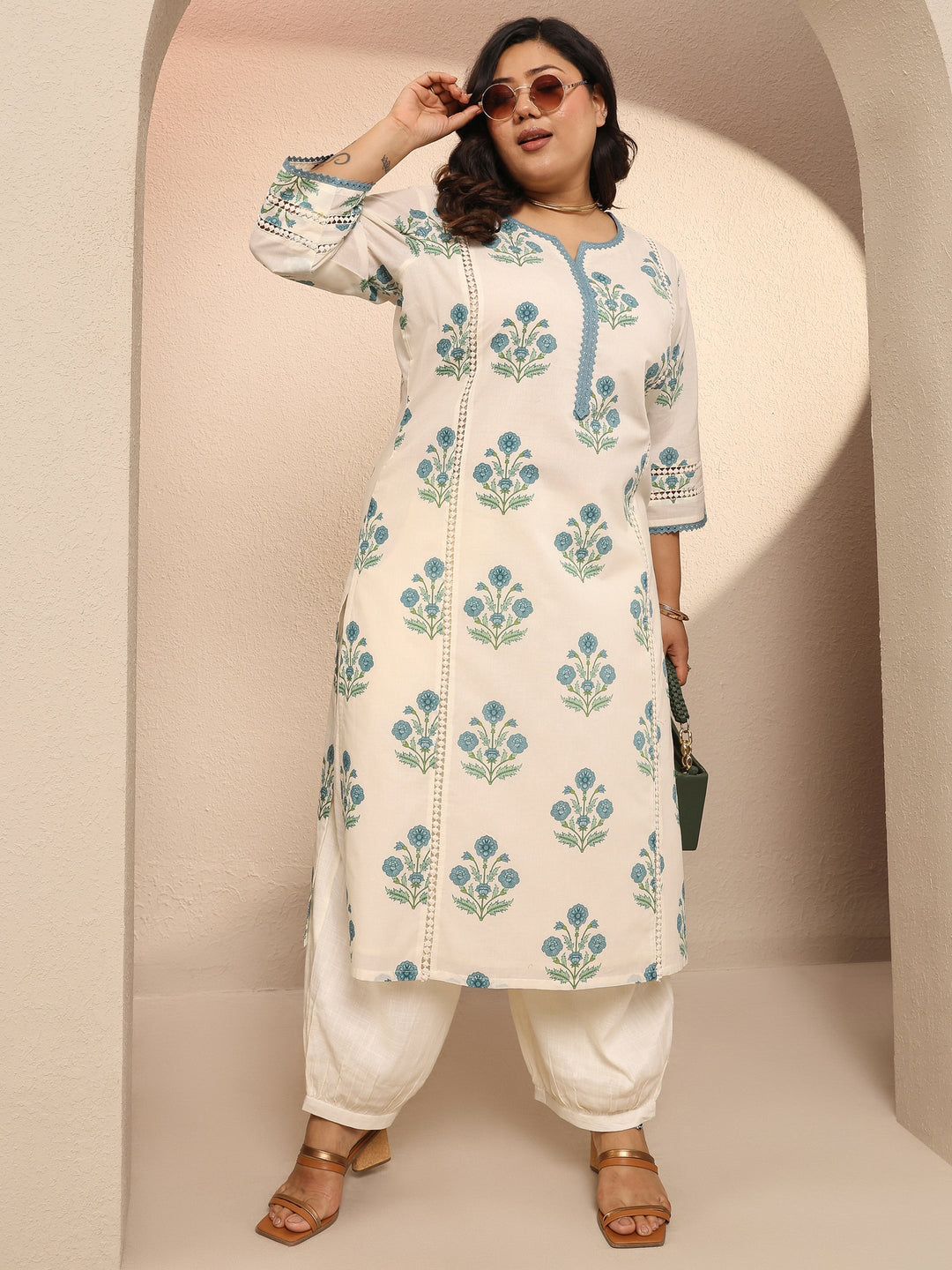 Plus Size Off White Printed Cotton Straight Kurta