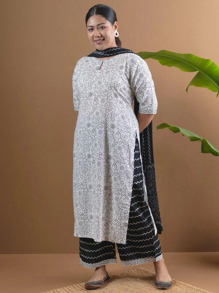 Plus Size White Printed Cotton Suit Set - Libas