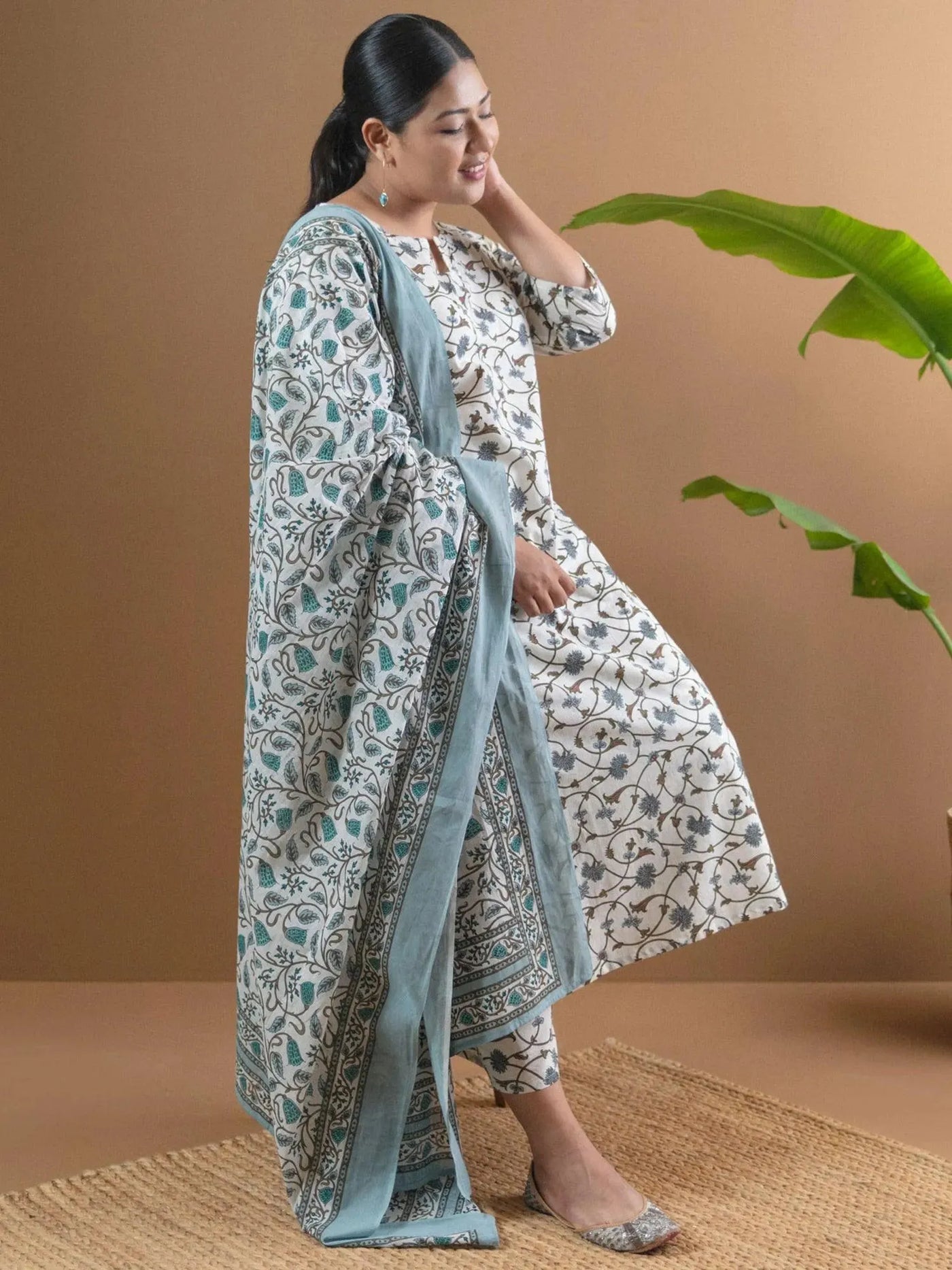 Plus Size White Printed Cotton Suit Set - Libas