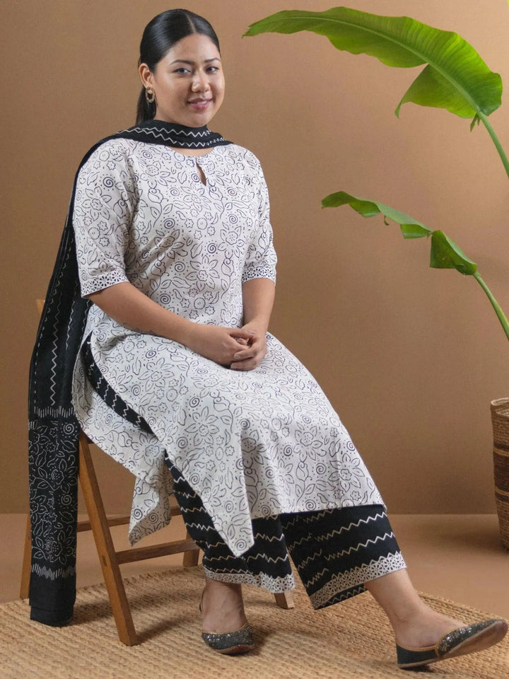 Plus Size White Printed Cotton Suit Set - Libas