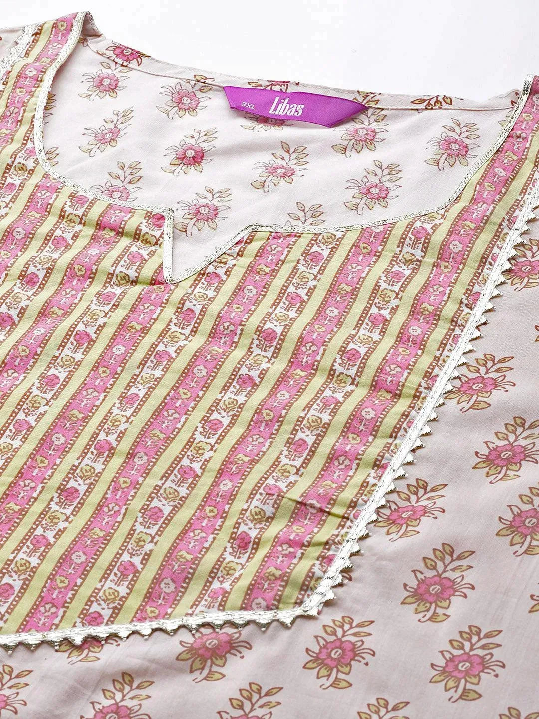 Plus Size Off White Printed Cotton Suit Set - Libas 