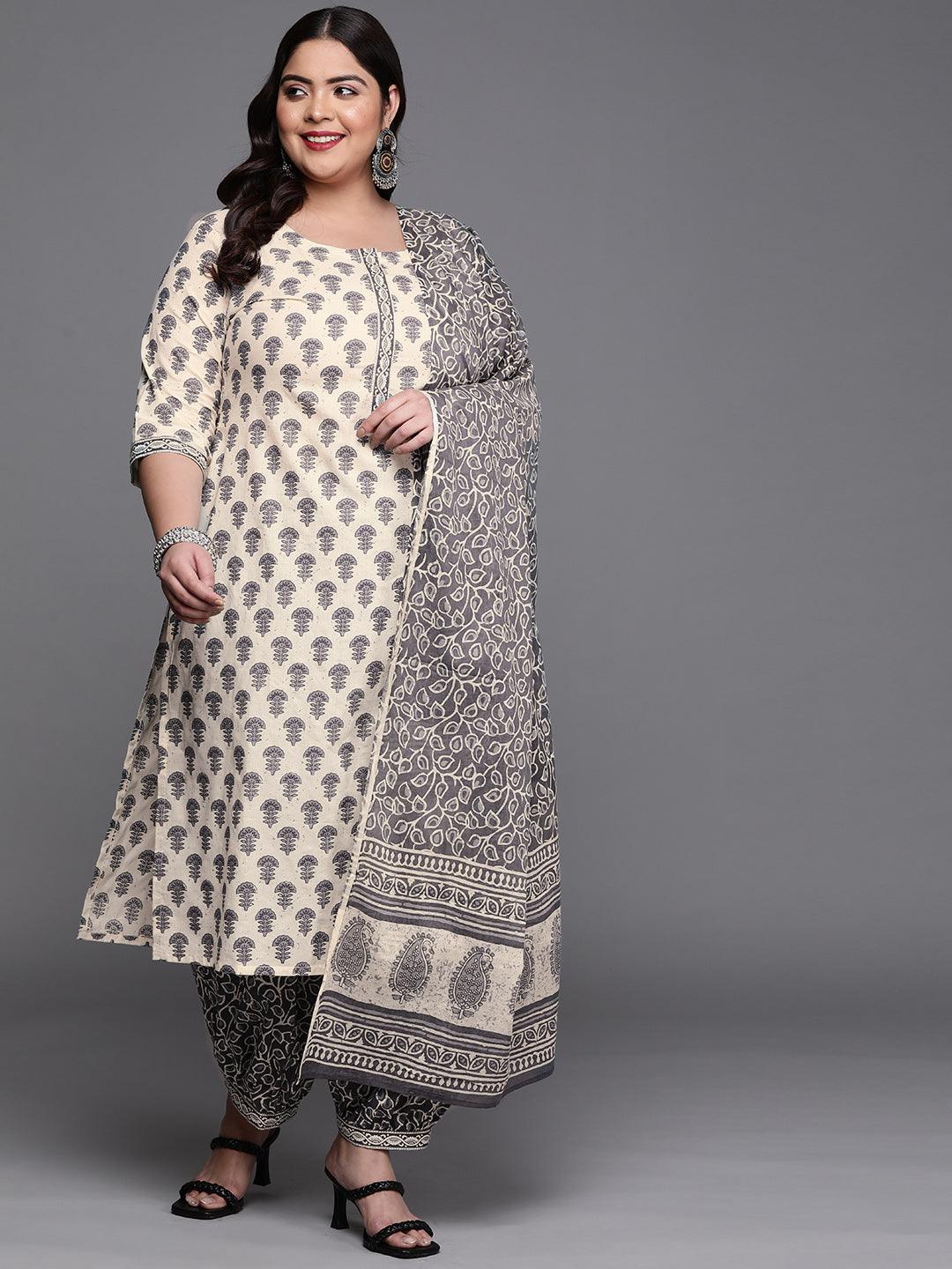 Plus Size Off-White Printed Cotton Straight Kurta With Salwar & Dupatta