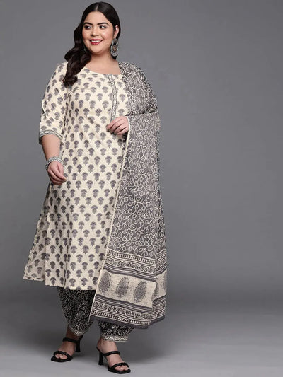 Plus Size Off White Printed Cotton Suit Set - Libas