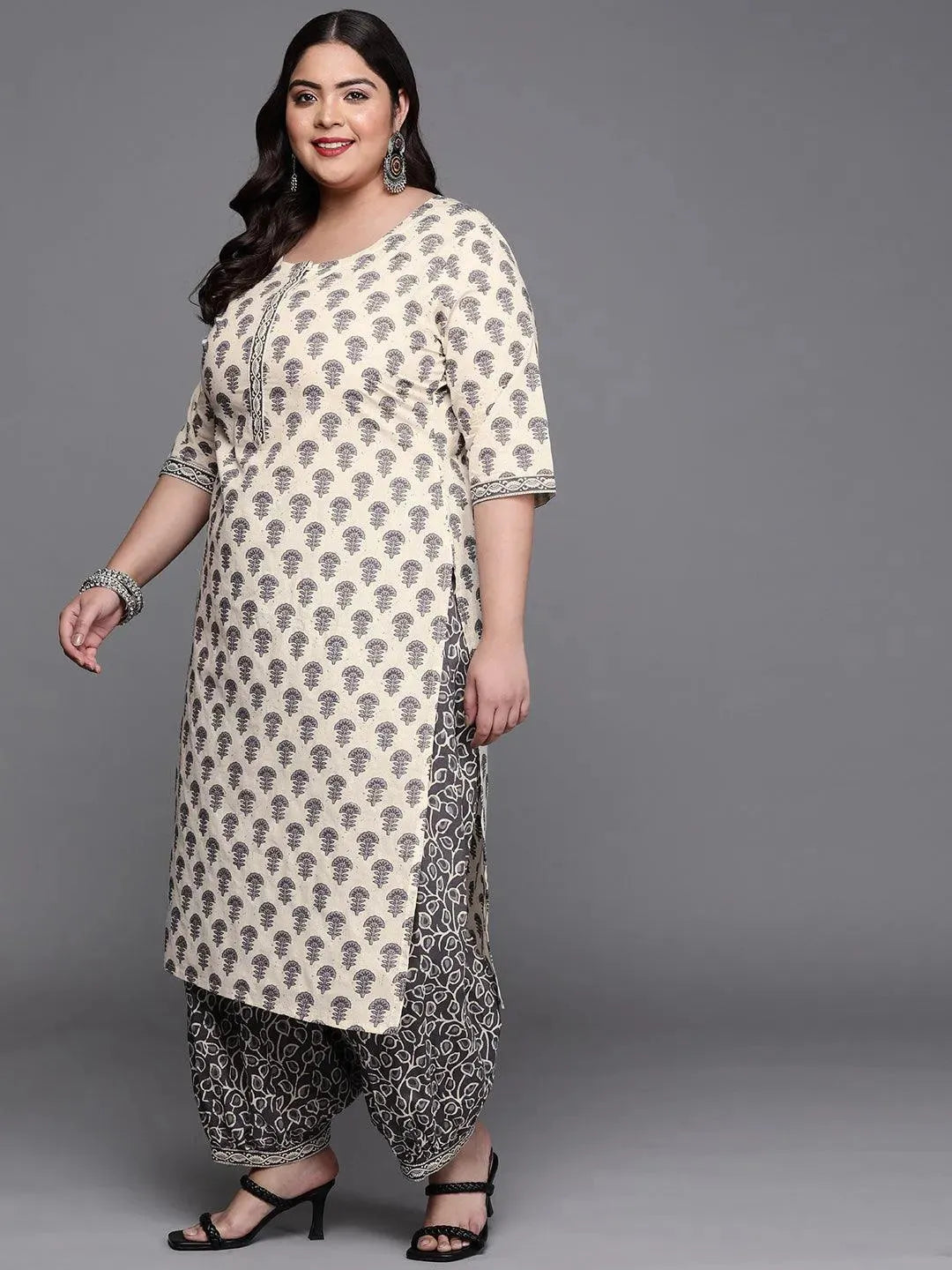 Plus Size Off White Printed Cotton Suit Set - Libas