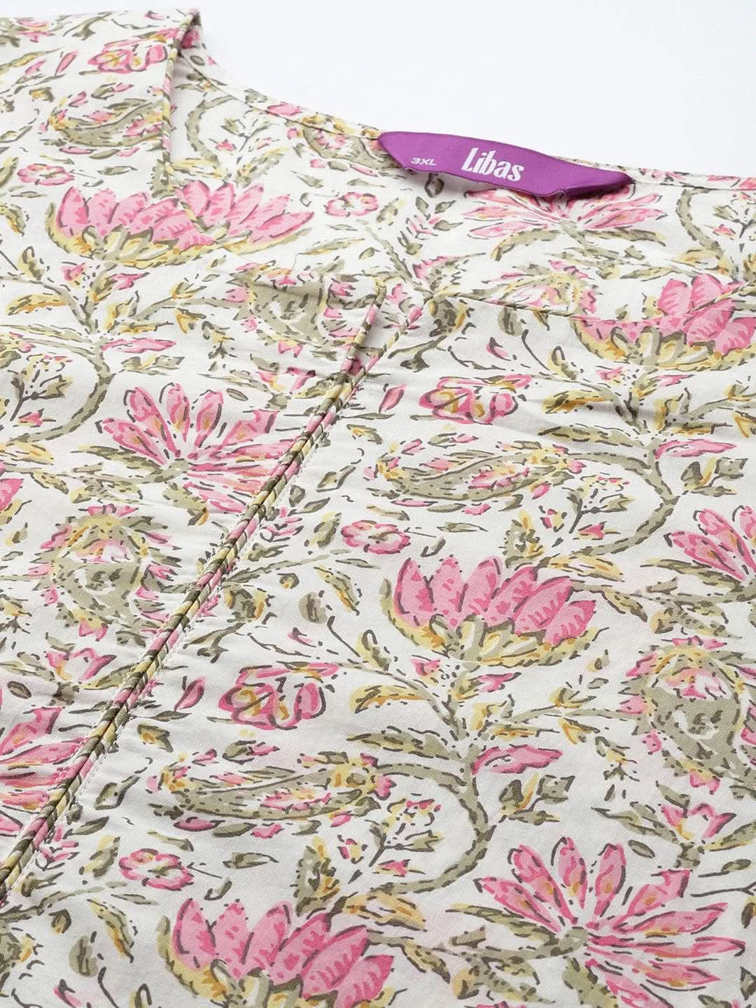 Plus Size Off White Printed Cotton Straight Suit Set - Libas 