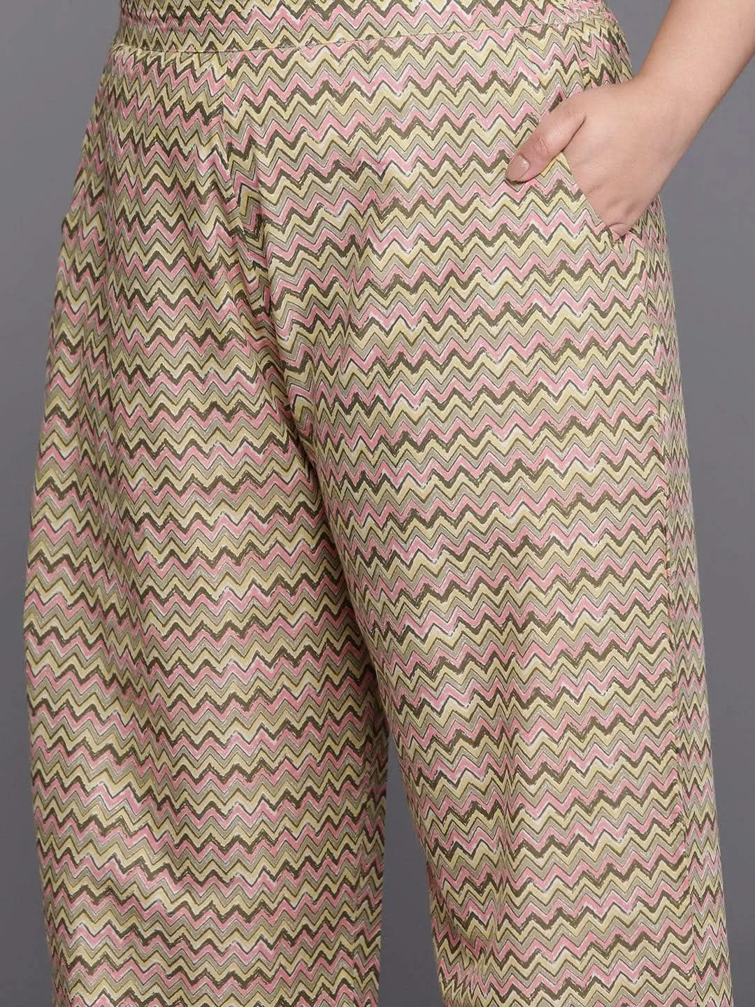 Plus Size Off White Printed Cotton Straight Suit Set - Libas 