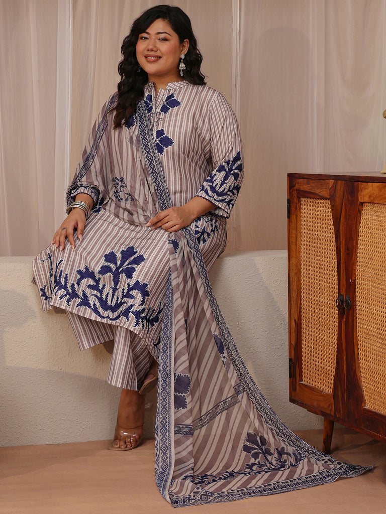 Plus Size Off White Striped Printed Cotton Blend Straight Suit Set
