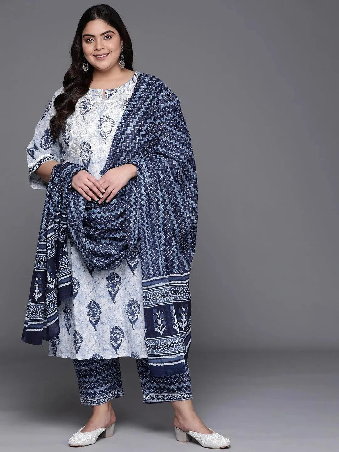 Plus Size White Yoke Design Cotton Suit Set - Libas