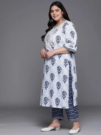 Plus Size White Yoke Design Cotton Suit Set - Libas