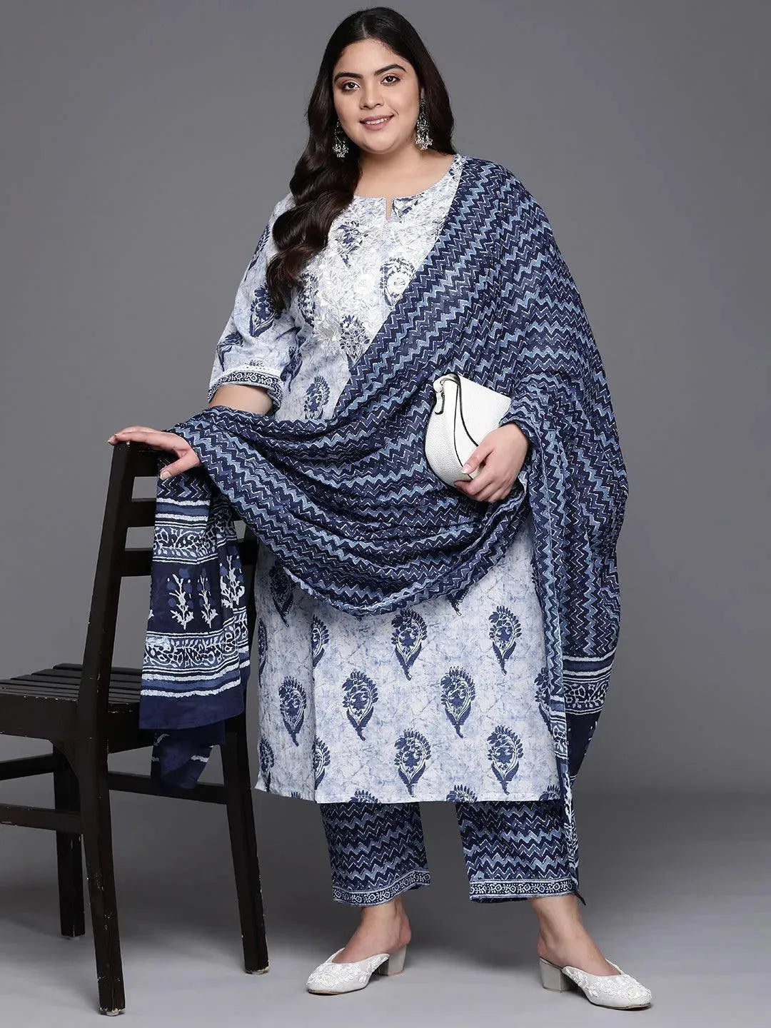 Plus Size White Yoke Design Cotton Suit Set - Libas