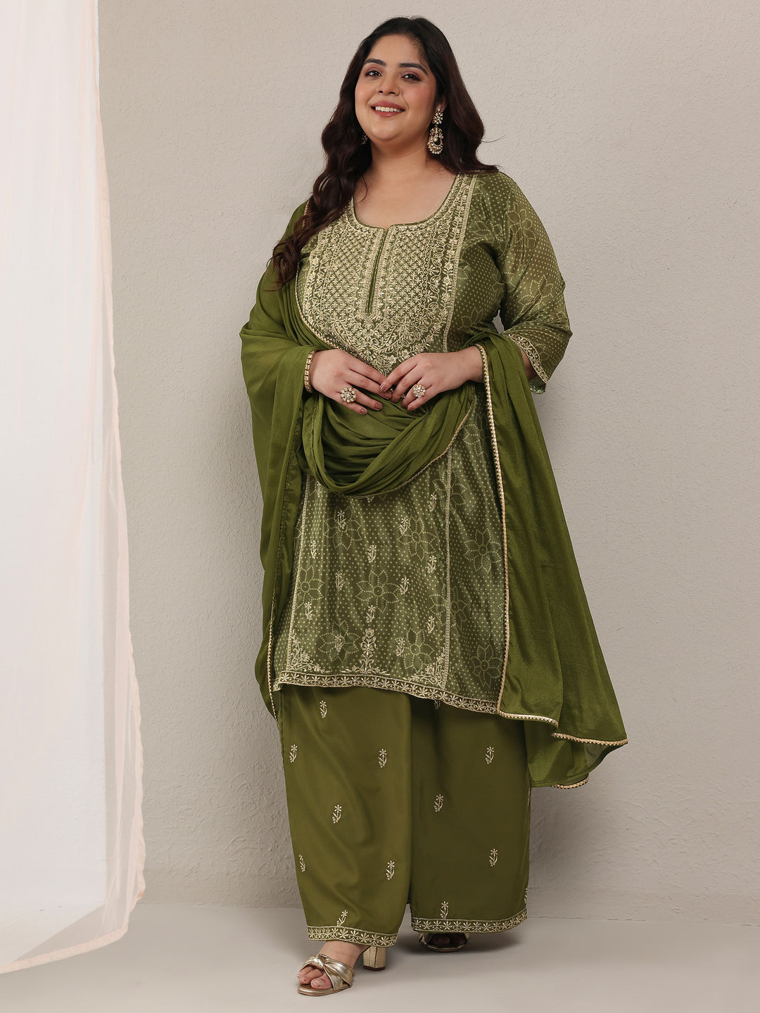Plus Size Olive Bandhani Embroidered Silk Blend Straight Suit Set With Dupatta