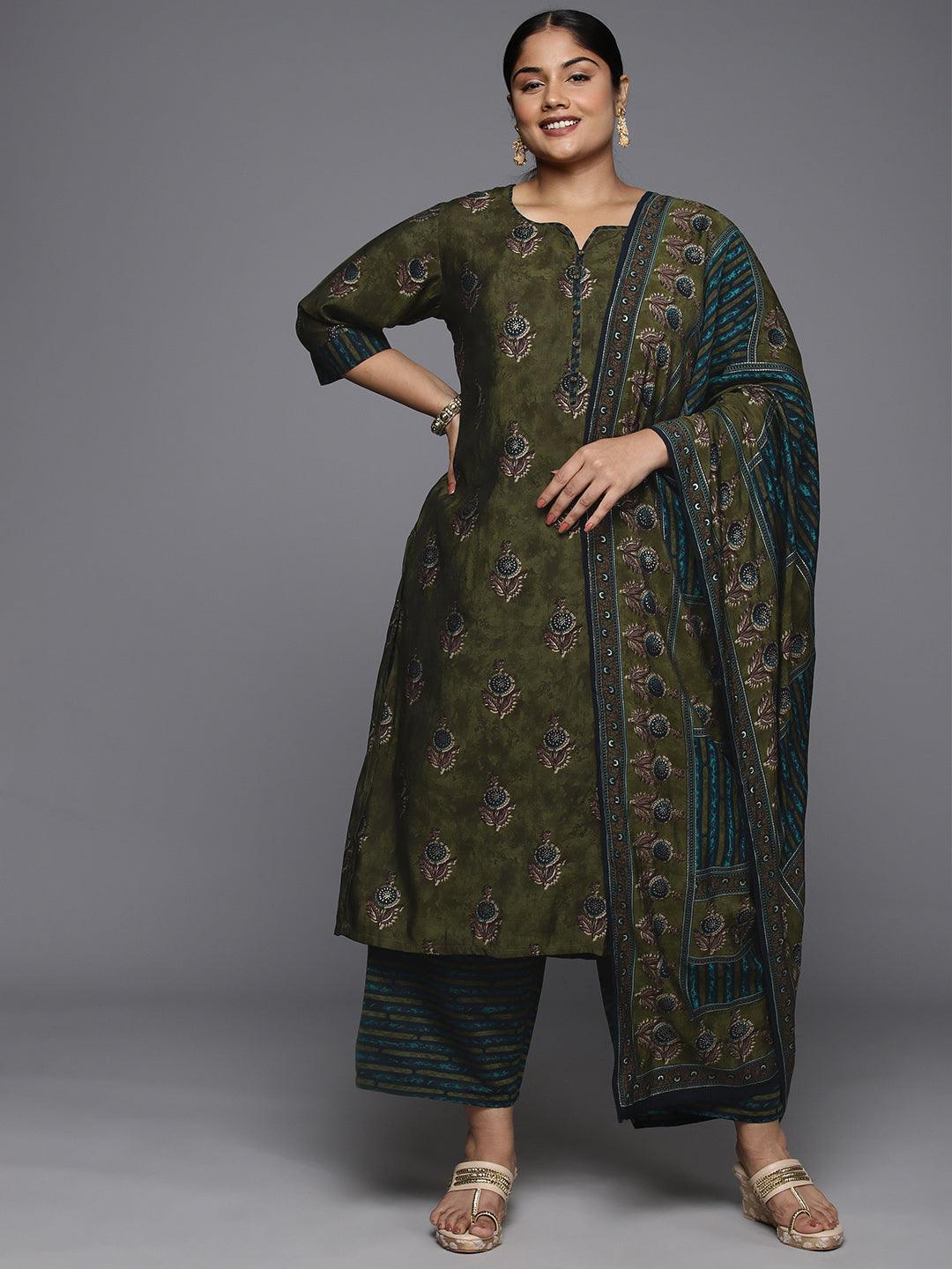Plus Size Olive Printed Silk Blend Straight Suit With Dupatta