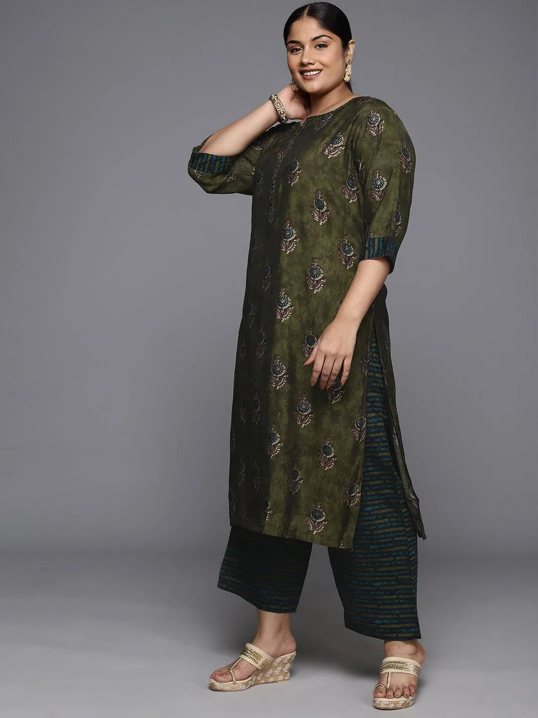 Plus Size Olive Printed Silk Blend Straight Kurta With Trousers & Dupatta - Libas 