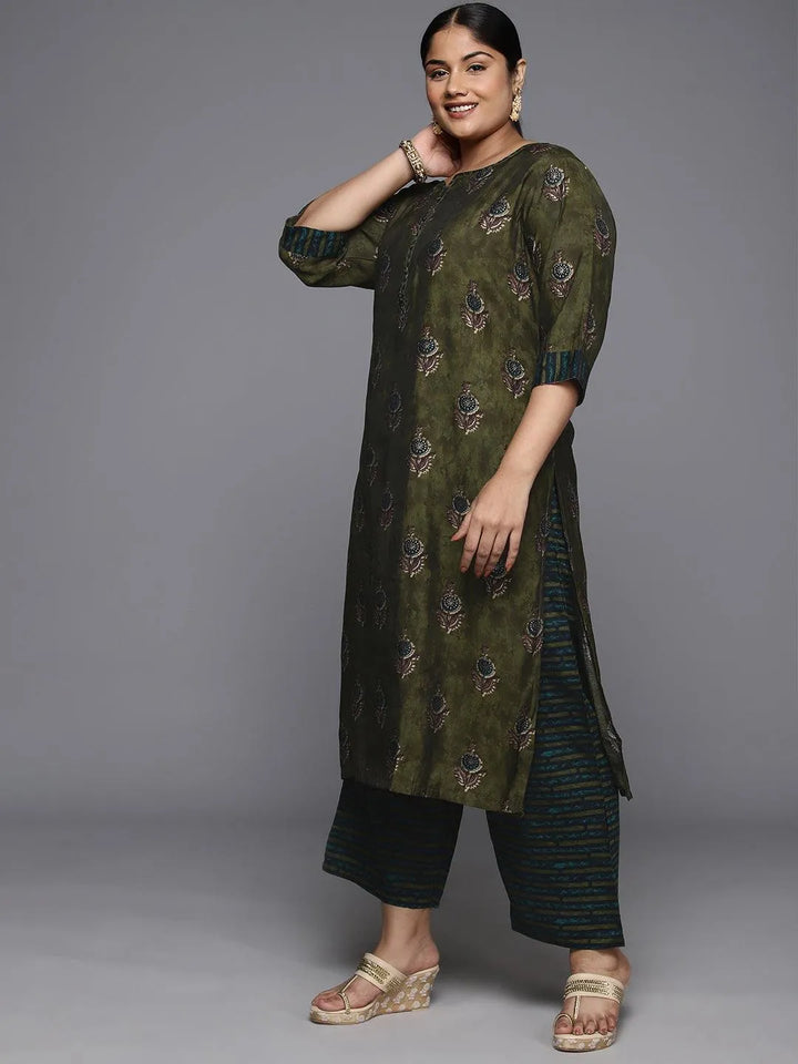 Plus Size Olive Printed Silk Blend Straight Kurta With Trousers & Dupatta - Libas