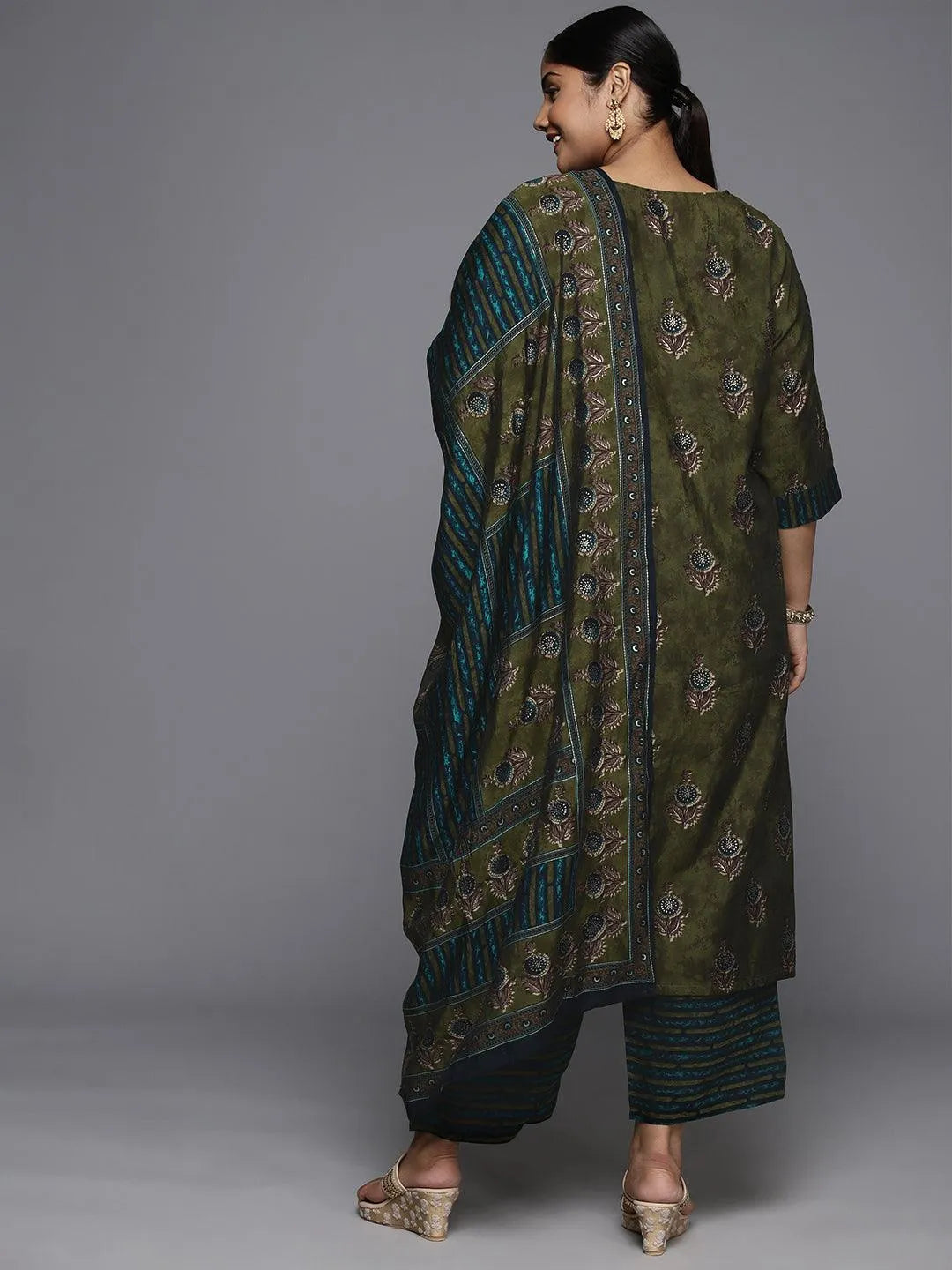 Plus Size Olive Printed Silk Blend Straight Kurta With Trousers & Dupatta - Libas 