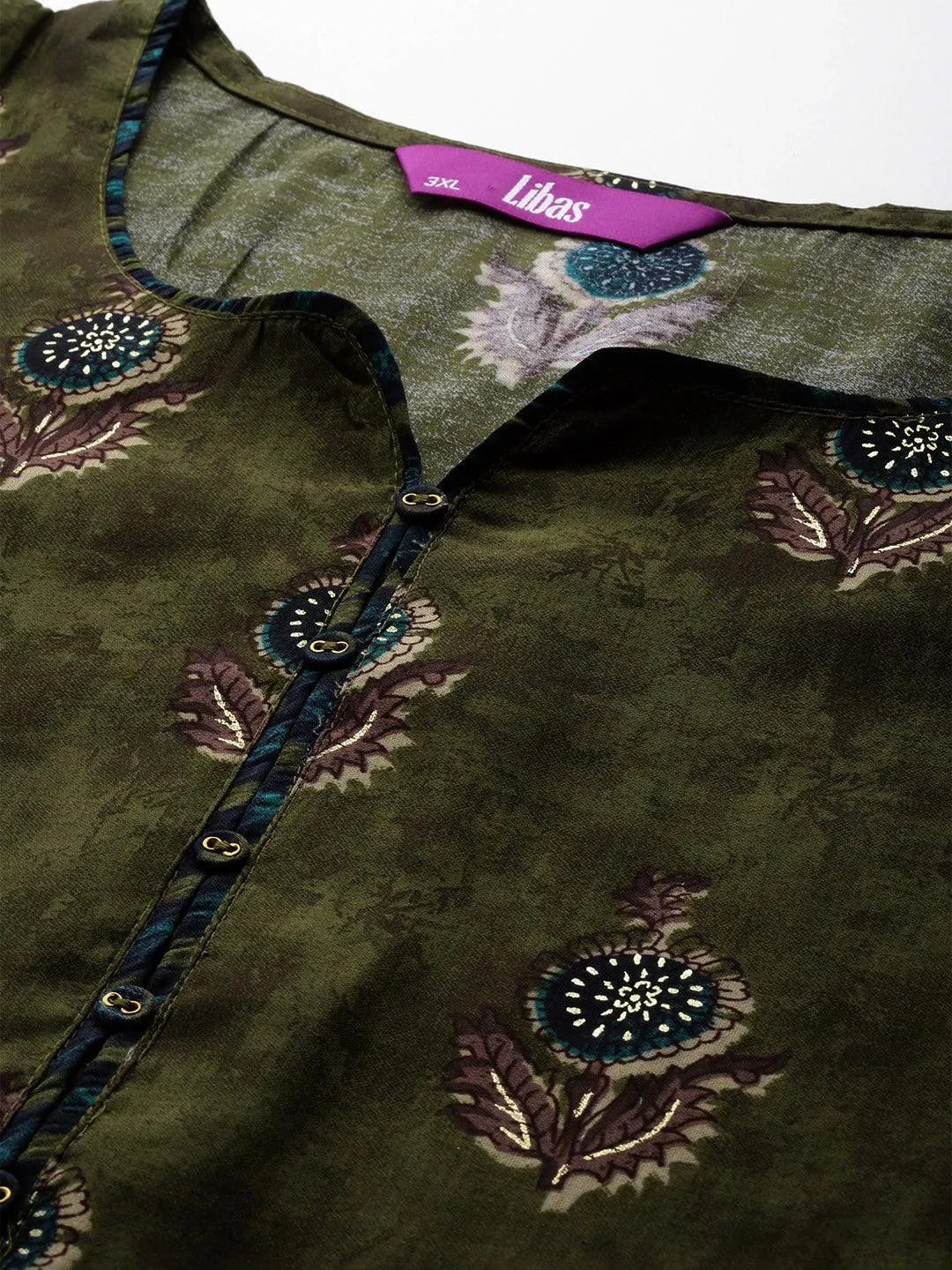 Plus Size Olive Printed Silk Blend Straight Kurta With Trousers & Dupatta - Libas 