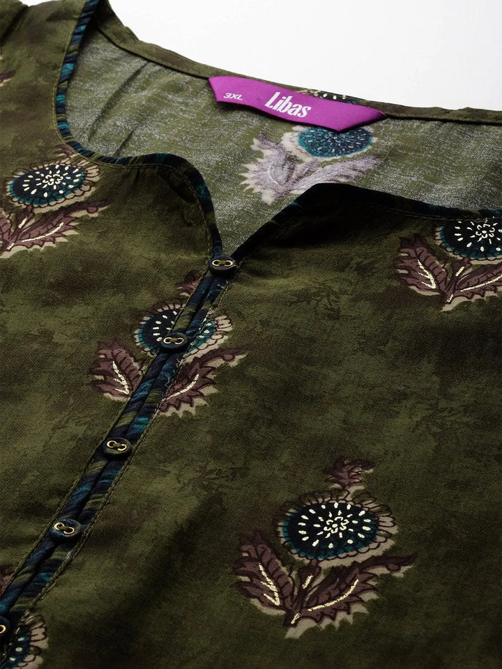 Plus Size Olive Printed Silk Blend Straight Kurta With Trousers & Dupatta - Libas