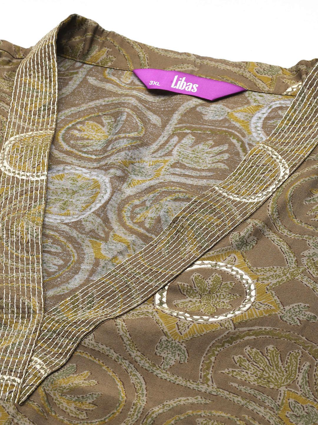 Plus Size Olive Printed Silk Blend Straight Kurta With Trousers & Dupatta - Libas