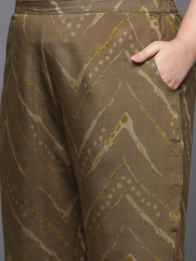 Plus Size Olive Printed Silk Blend Straight Kurta With Trousers & Dupatta - Libas