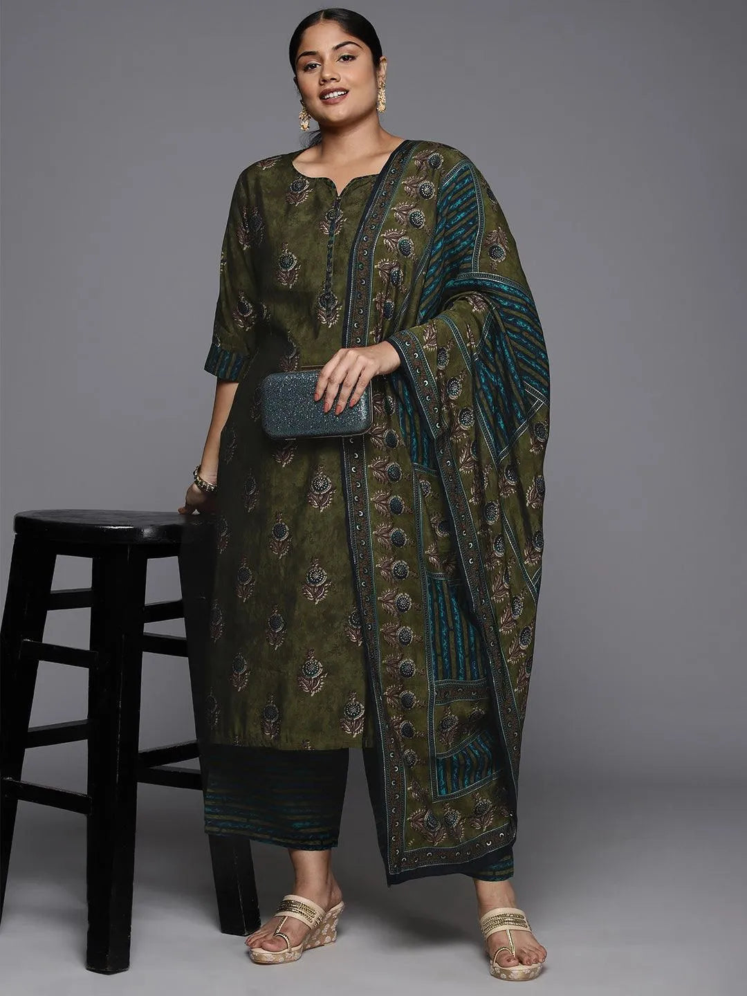 Plus Size Olive Printed Silk Blend Straight Kurta With Trousers & Dupatta - Libas 