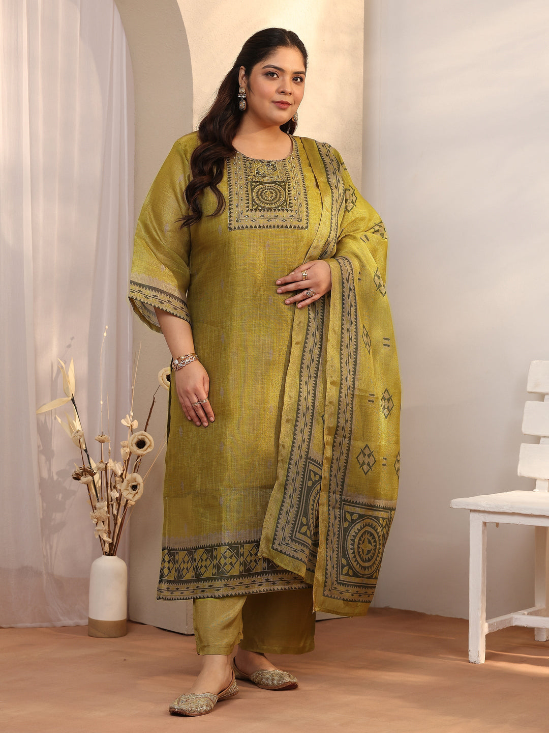  Plus Size Olive Woven Design Silk blend Straight Suit Set With Dupatta 