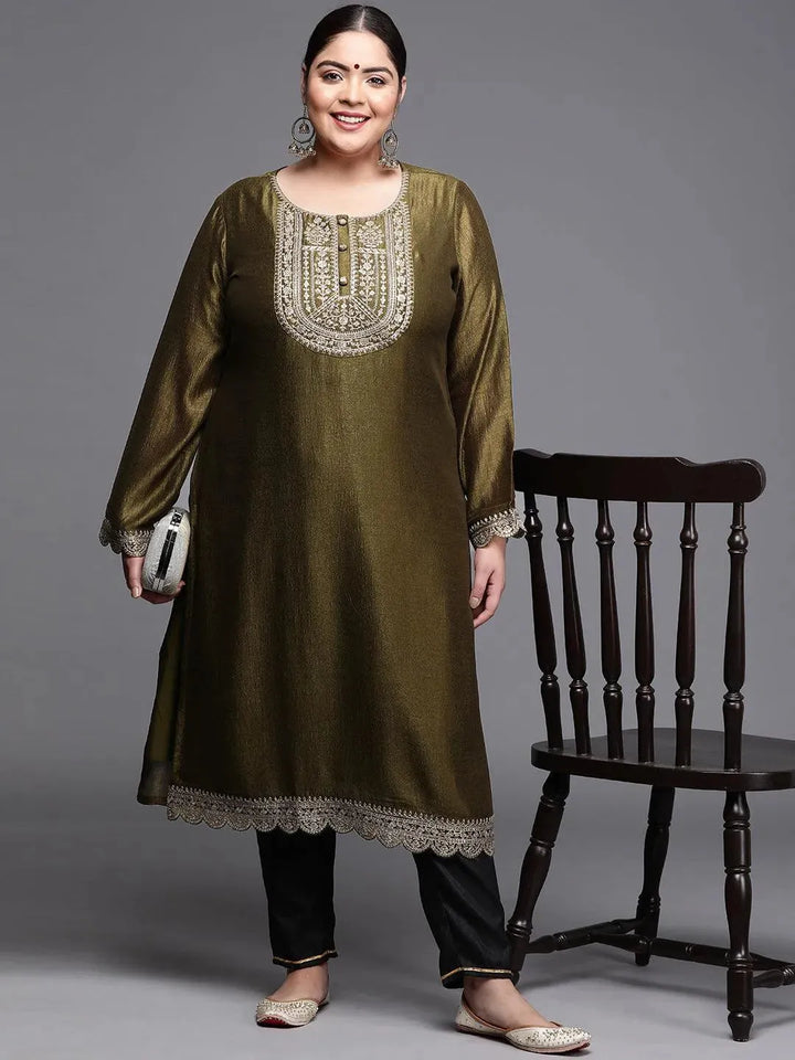 Plus Size Olive Yoke Design Silk Kurta - Libas