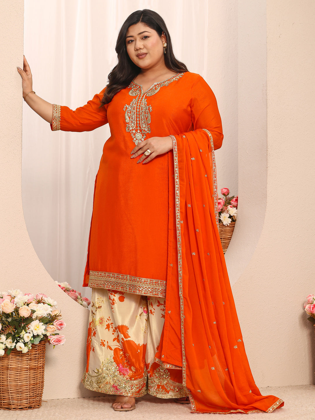 Plus Size Orange Embroidered Chinon Straight Suit Set With Dupatta