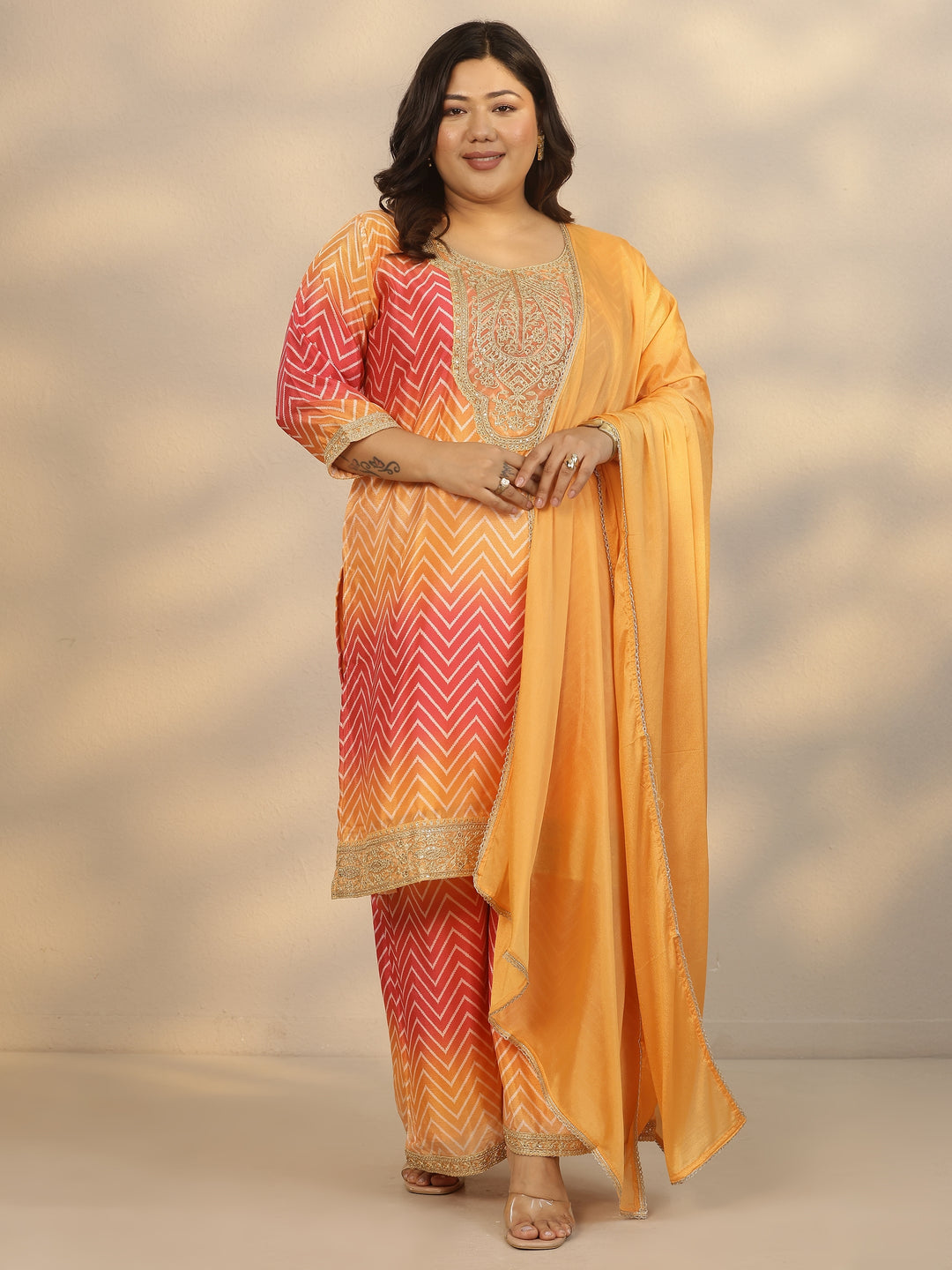 Plus Size Orange Printed Chinon Straight Suit Set With Dupatta