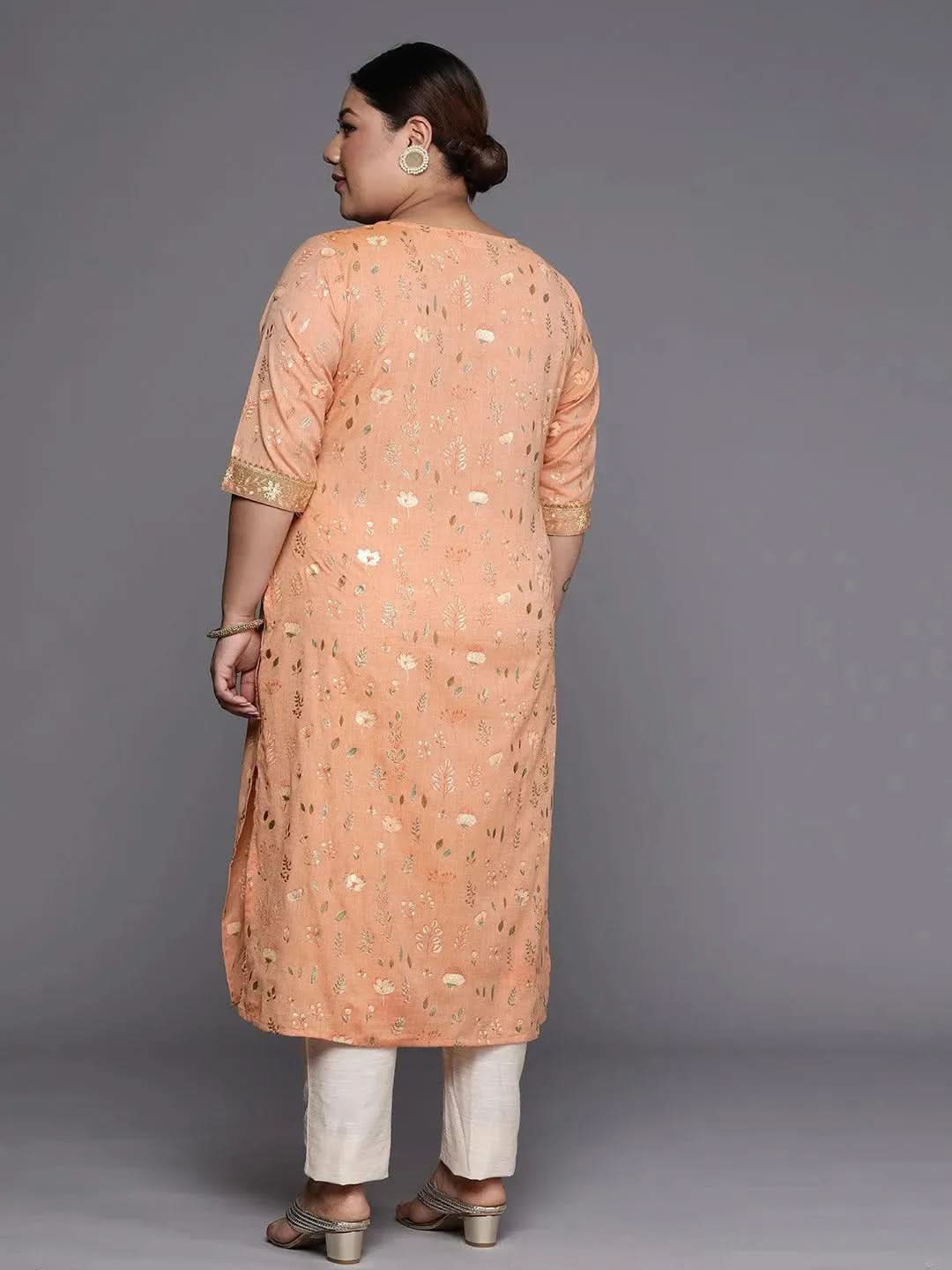 Plus Size Orange Printed Cotton Silk Straight Kurta - Libas 
