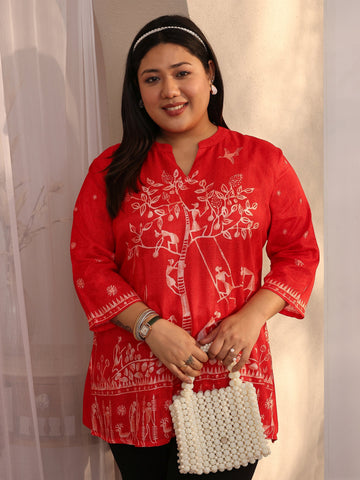 Plus Size Orange Printed Muslin Straight Short Kurti