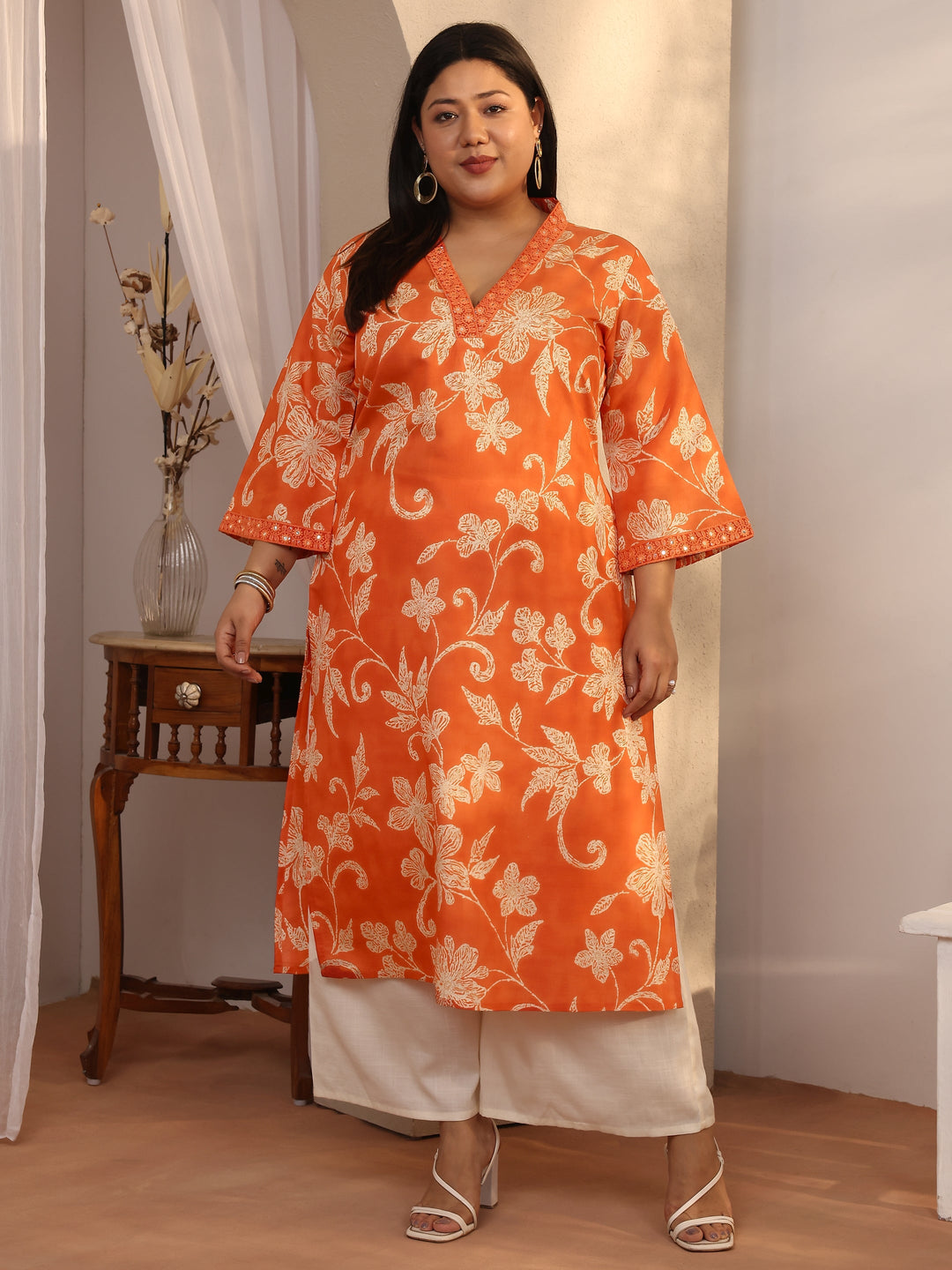  Plus Size Orange Printed Silk Blend Straight Kurta 