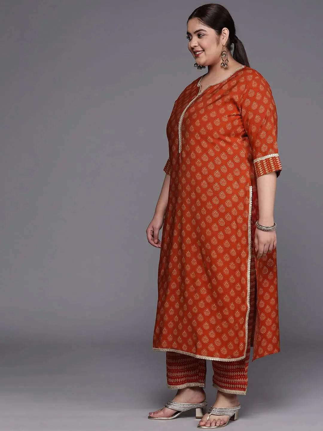 Plus Size Orange Printed Silk Blend Straight Suit Set - Libas 