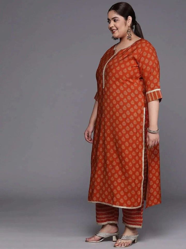 Plus Size Orange Printed Silk Blend Straight Suit Set - Libas