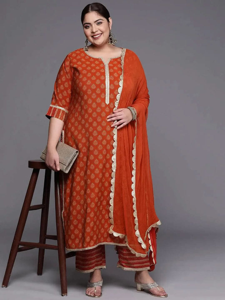 Plus Size Orange Printed Silk Blend Straight Suit Set - Libas