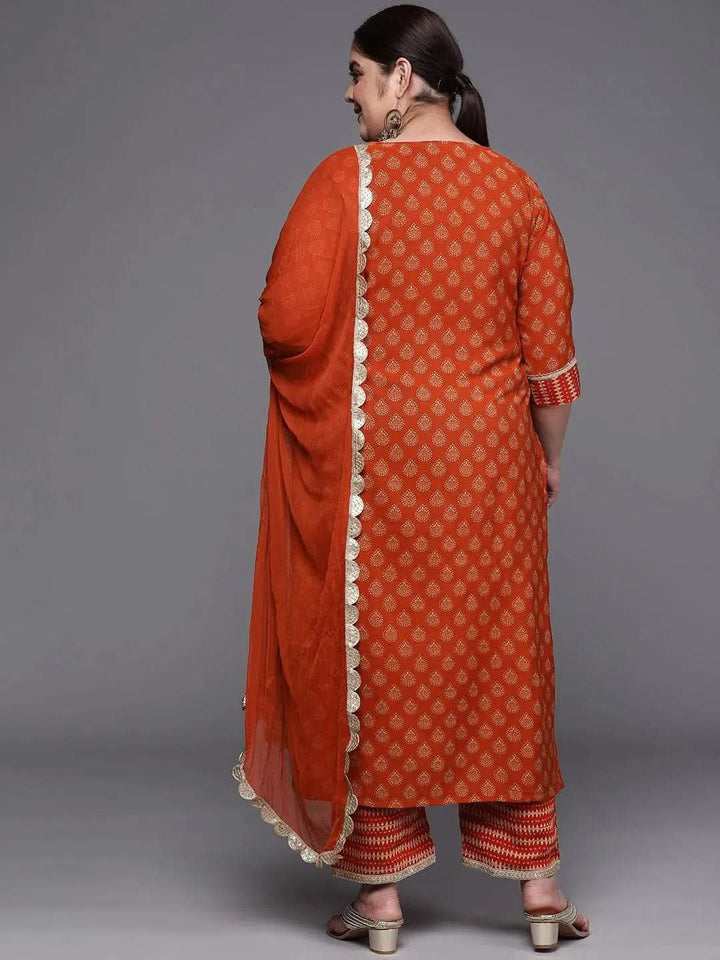Plus Size Orange Printed Silk Blend Straight Suit Set - Libas