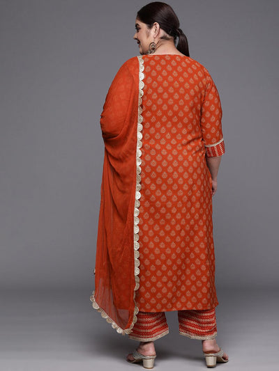 Plus Size Orange Printed Silk Blend Straight Suit Set - Libas